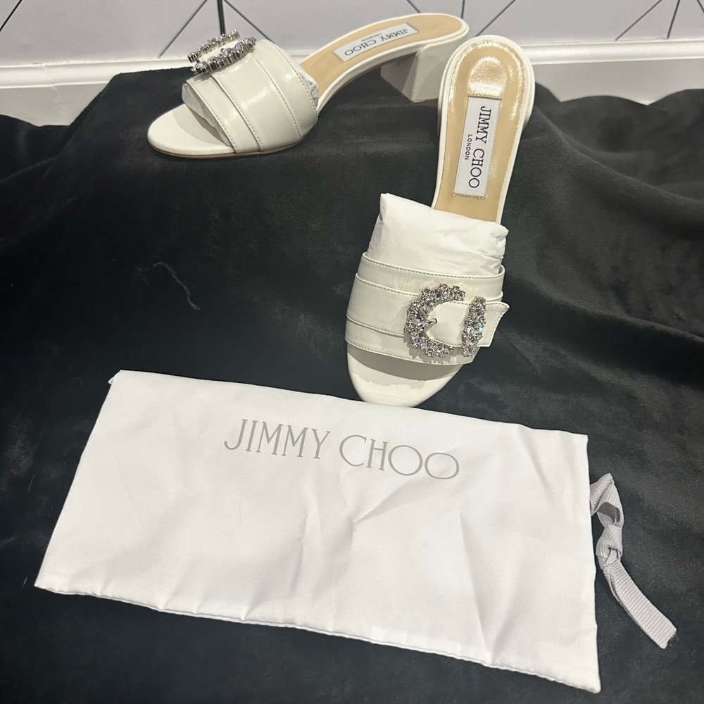 Jimmy Choo Cheri Crystal Buckle Mules Milk Nappa White Leather Size 36 / US 6